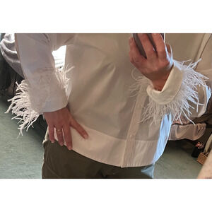 J.Crew Top White Button Up Cotton Womens Ltd Edition Ostrich Feather Size 16